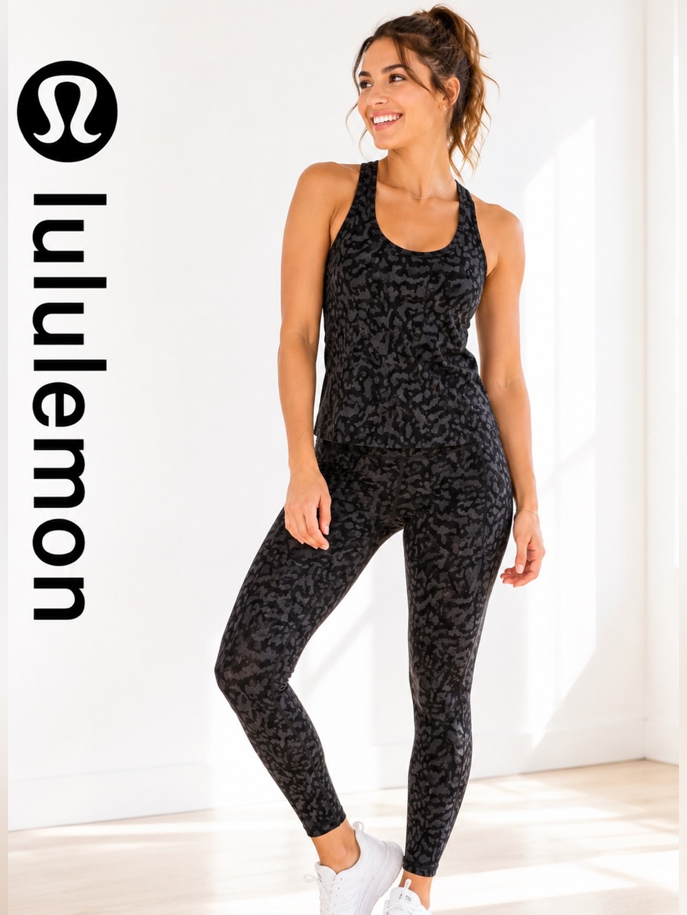 🍋LULULEMON Matching Set-Black & Grey Camo Print Racerback Tank and 25” Leggings